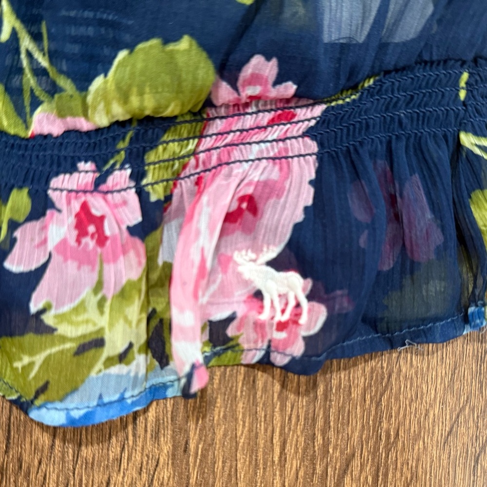 Y2K Abercrombie & Fitch Sheer Floral Short Sleeve Blouse Large Vintage Navy Blue - Picture 3 of 5